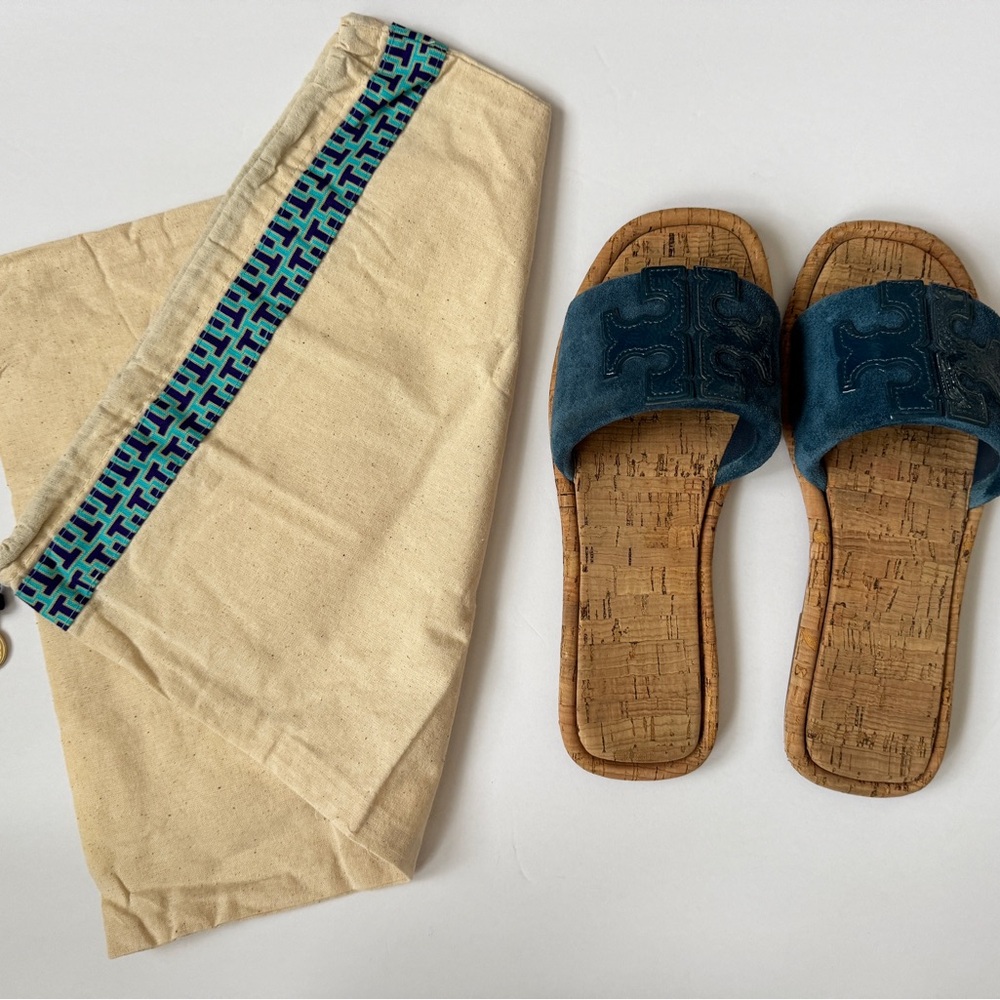 Tory Burch Blue Slide Sandals with Cork Footbed